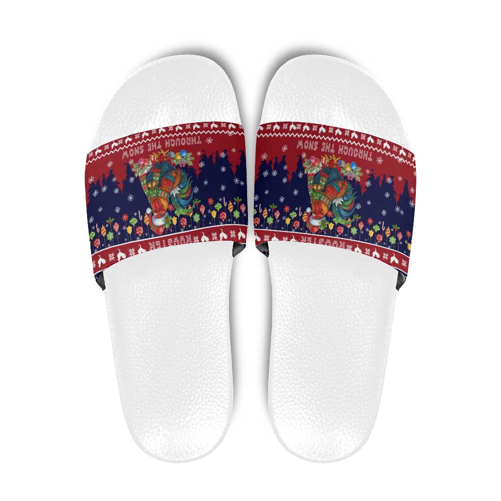 Rooster Through The Snow Christmas Slide Sandals Xmas Holiday Patterns - Wonder Print Shop