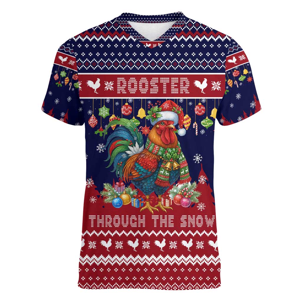 Rooster Through The Snow Christmas Women V-Neck T-Shirt Xmas Holiday Patterns - Wonder Print Shop