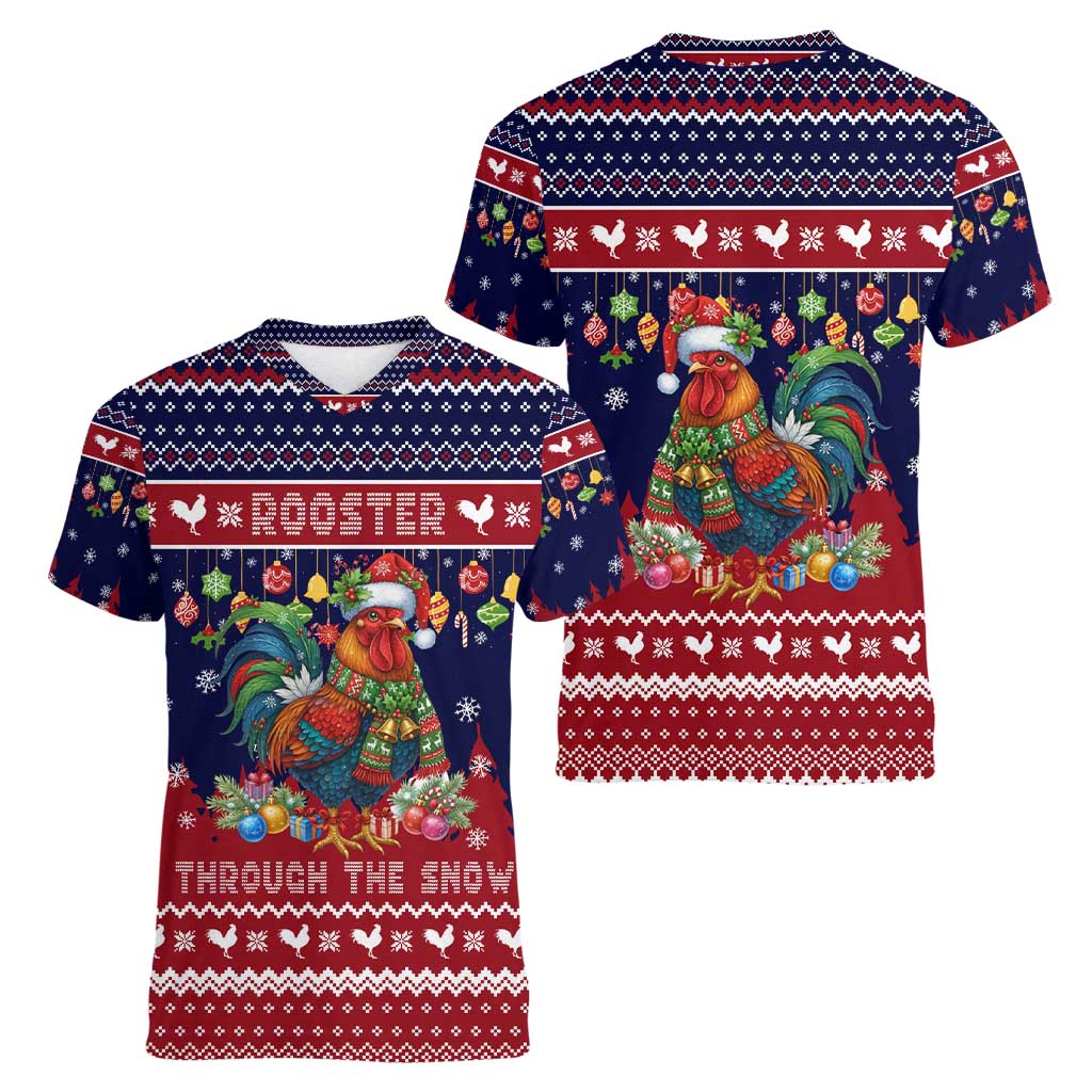 Rooster Through The Snow Christmas Women V-Neck T-Shirt Xmas Holiday Patterns - Wonder Print Shop