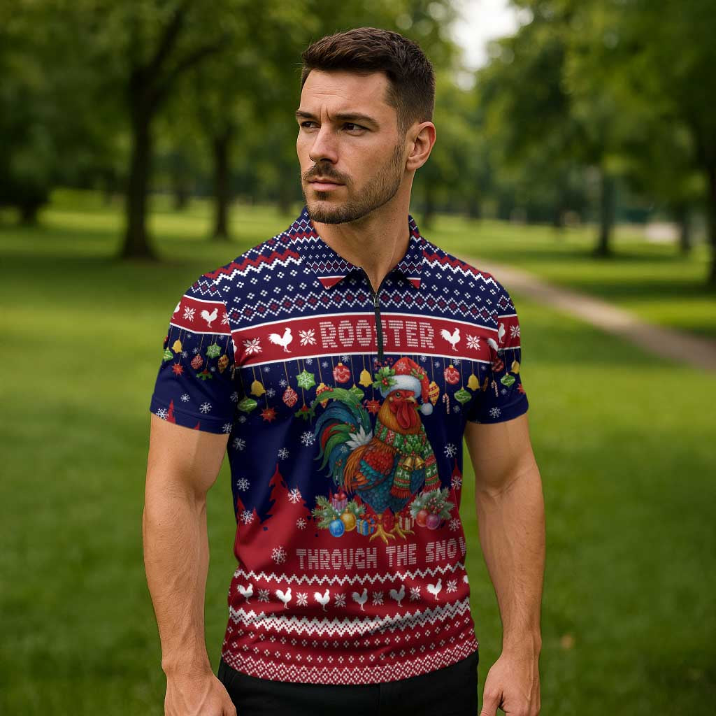 Rooster Through The Snow Christmas Zipper Polo Shirt Xmas Holiday Patterns - Wonder Print Shop