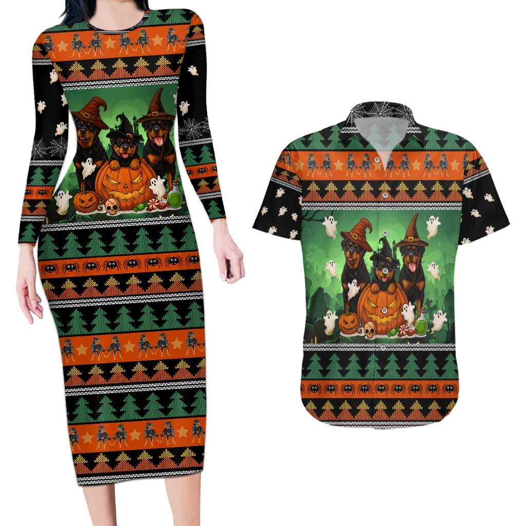 Rottweiler Christmas Couples Matching Long Sleeve Bodycon Dress and Hawaiian Shirt Xmas Holiday Patterns - Wonder Print Shop
