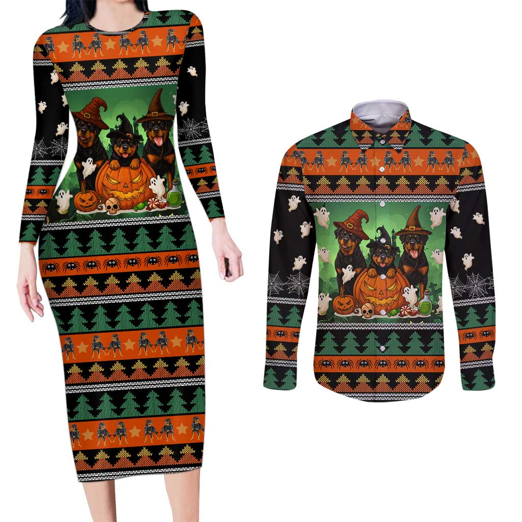 Rottweiler Christmas Couples Matching Long Sleeve Bodycon Dress and Long Sleeve Button Shirt Xmas Holiday Patterns - Wonder Print Shop