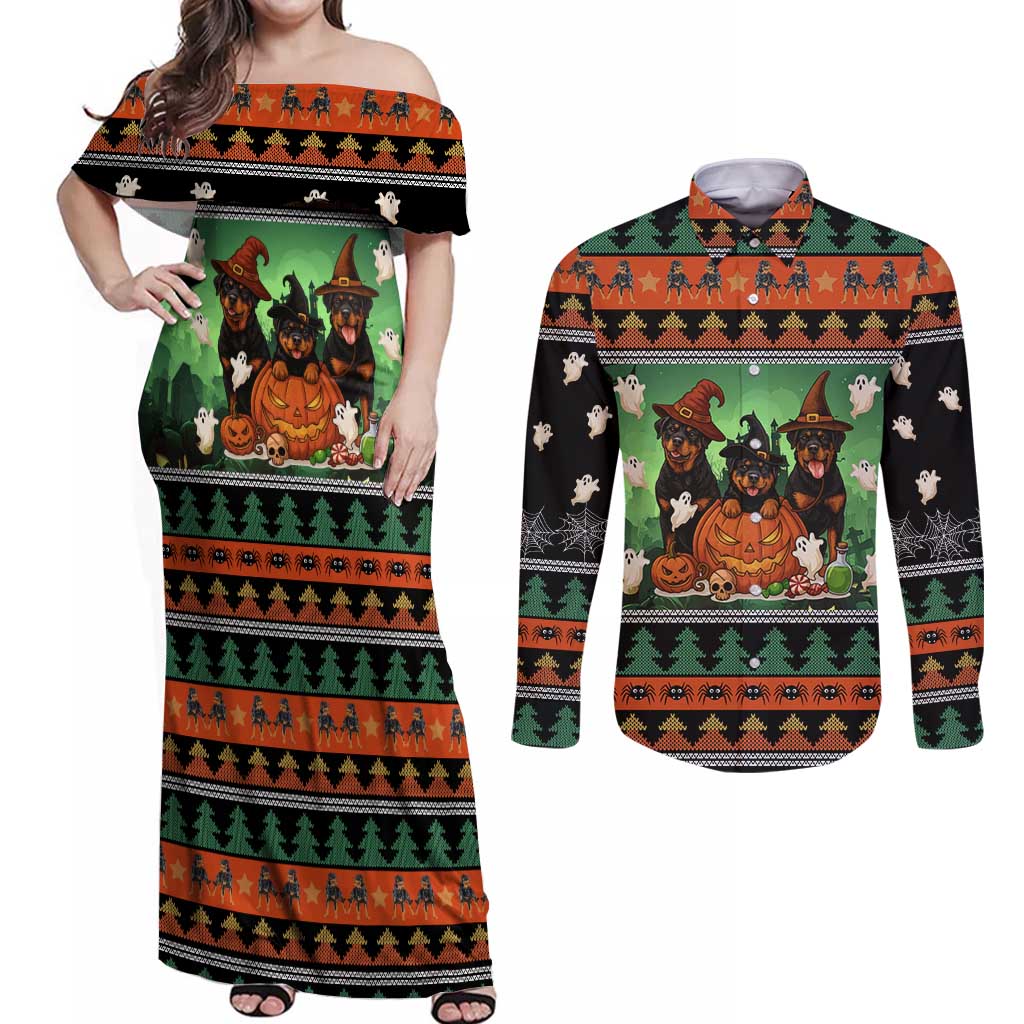 Rottweiler Christmas Couples Matching Off Shoulder Maxi Dress and Long Sleeve Button Shirt Xmas Holiday Patterns - Wonder Print Shop
