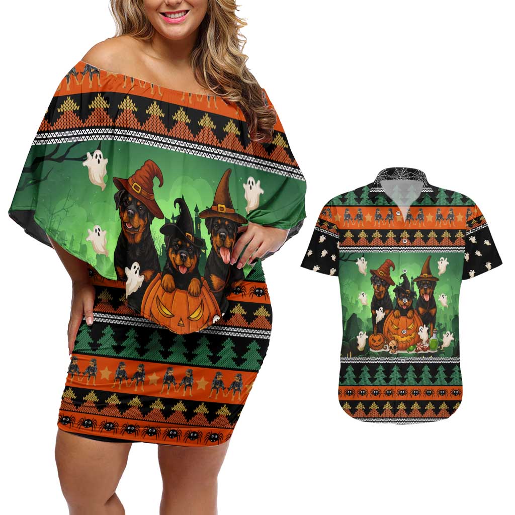 Rottweiler Christmas Couples Matching Off Shoulder Short Dress and Hawaiian Shirt Xmas Holiday Patterns - Wonder Print Shop