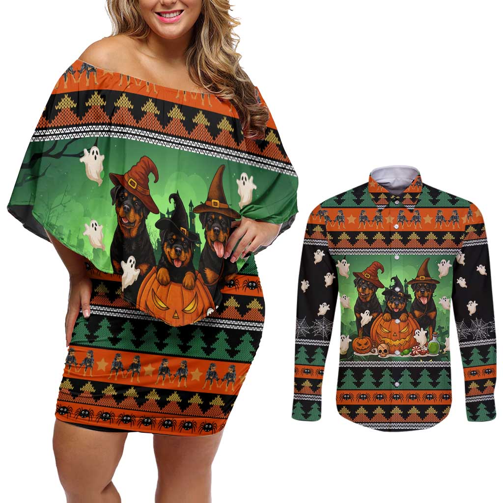 Rottweiler Christmas Couples Matching Off Shoulder Short Dress and Long Sleeve Button Shirt Xmas Holiday Patterns - Wonder Print Shop