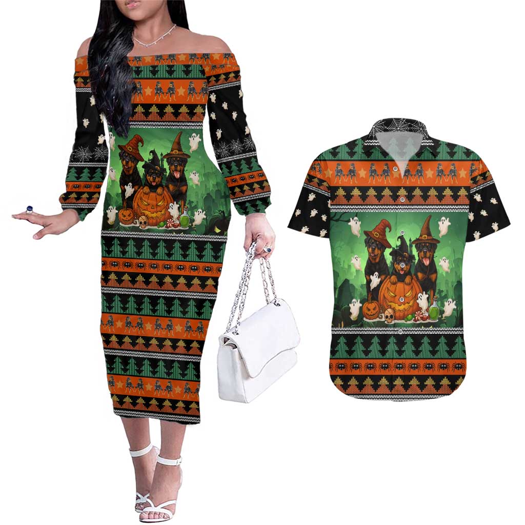 Rottweiler Christmas Couples Matching Off The Shoulder Long Sleeve Dress and Hawaiian Shirt Xmas Holiday Patterns - Wonder Print Shop
