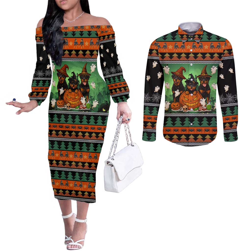 Rottweiler Christmas Couples Matching Off The Shoulder Long Sleeve Dress and Long Sleeve Button Shirt Xmas Holiday Patterns - Wonder Print Shop