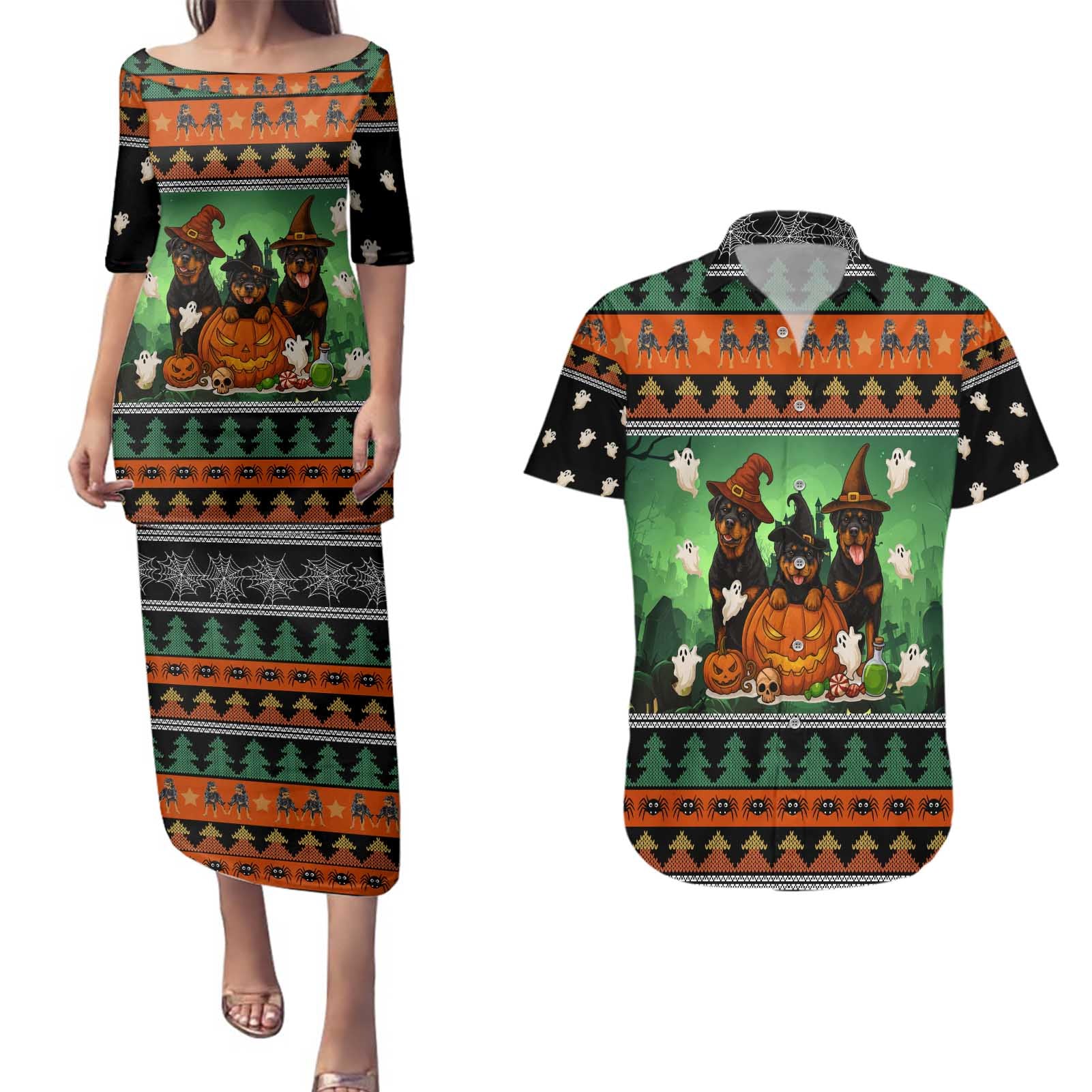 Rottweiler Christmas Couples Matching Puletasi and Hawaiian Shirt Xmas Holiday Patterns - Wonder Print Shop