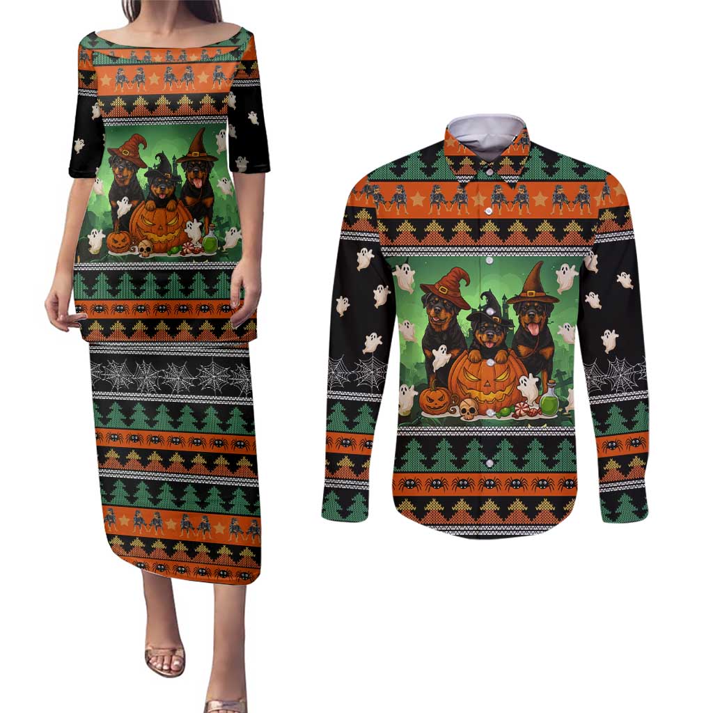 Rottweiler Christmas Couples Matching Puletasi and Long Sleeve Button Shirt Xmas Holiday Patterns - Wonder Print Shop