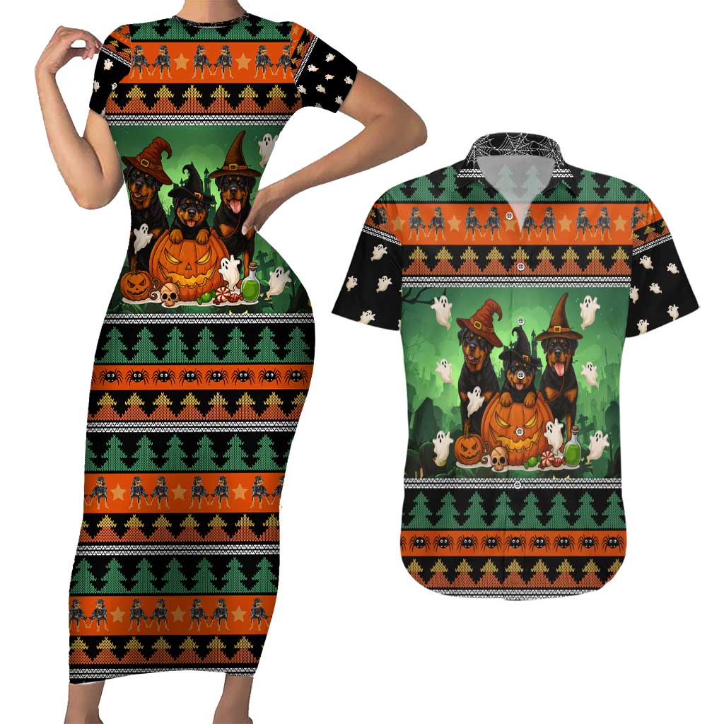 Rottweiler Christmas Couples Matching Short Sleeve Bodycon Dress and Hawaiian Shirt Xmas Holiday Patterns - Wonder Print Shop
