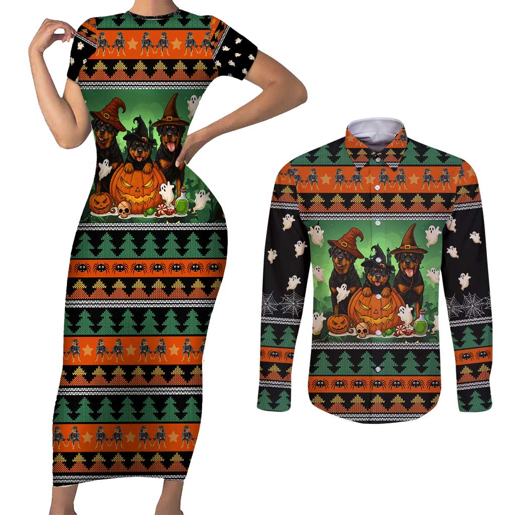 Rottweiler Christmas Couples Matching Short Sleeve Bodycon Dress and Long Sleeve Button Shirt Xmas Holiday Patterns - Wonder Print Shop