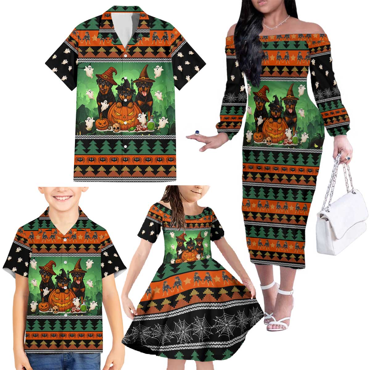 Rottweiler Christmas Family Matching Off The Shoulder Long Sleeve Dress and Hawaiian Shirt Xmas Holiday Patterns - Wonder Print Shop