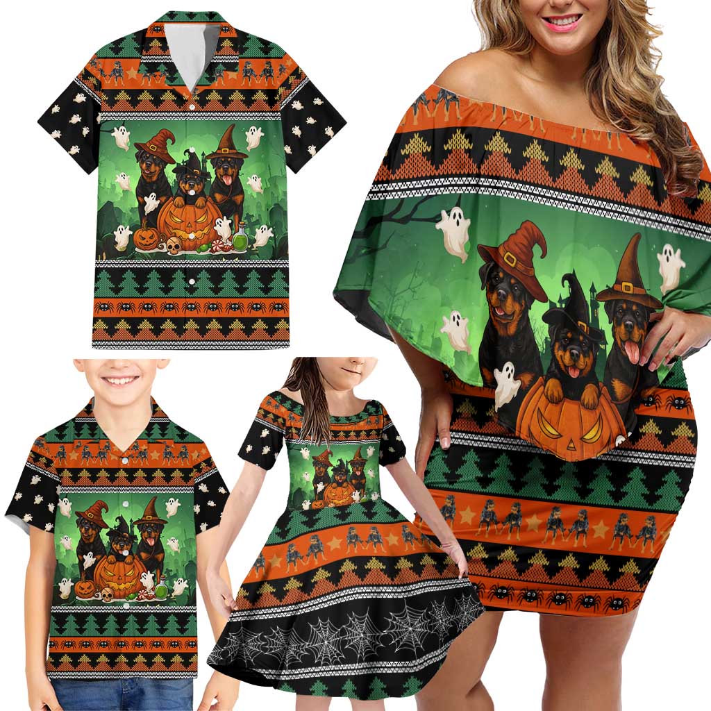 Rottweiler Christmas Family Matching Off Shoulder Short Dress and Hawaiian Shirt Xmas Holiday Patterns - Wonder Print Shop