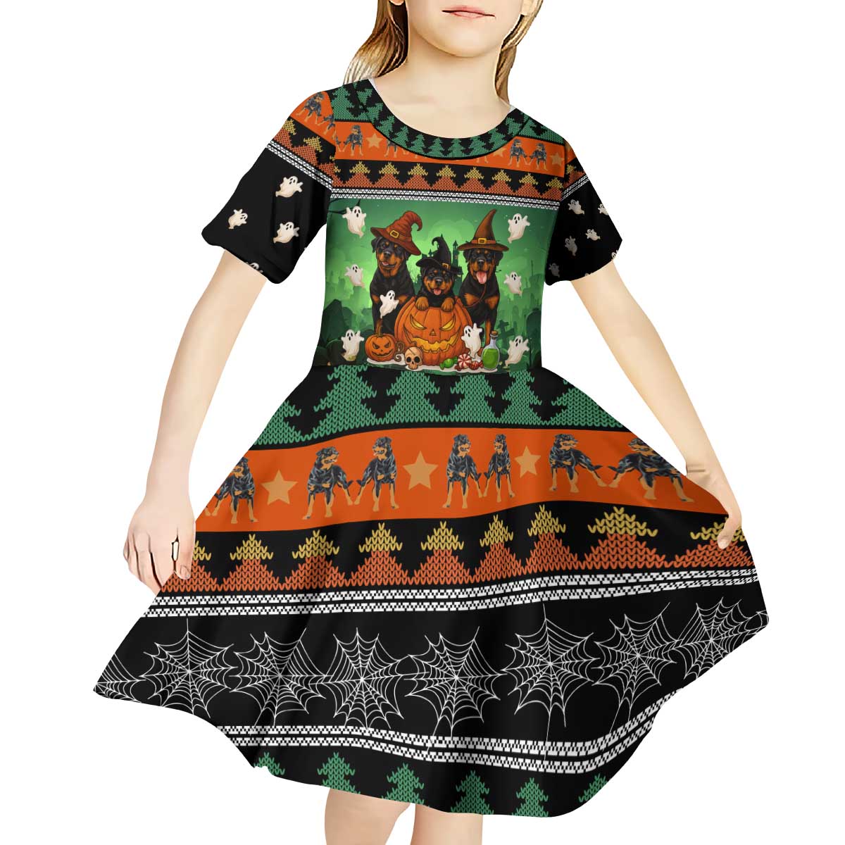 Rottweiler Christmas Kid Short Sleeve Dress Xmas Holiday Patterns - Wonder Print Shop