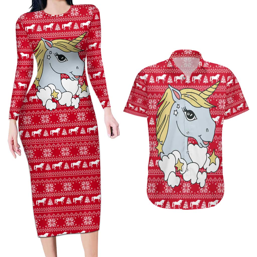 Lovely Unicorn Christmas Couples Matching Long Sleeve Bodycon Dress and Hawaiian Shirt Xmas Holiday Patterns - Wonder Print Shop