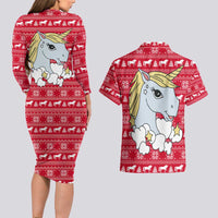 Lovely Unicorn Christmas Couples Matching Long Sleeve Bodycon Dress and Hawaiian Shirt Xmas Holiday Patterns - Wonder Print Shop