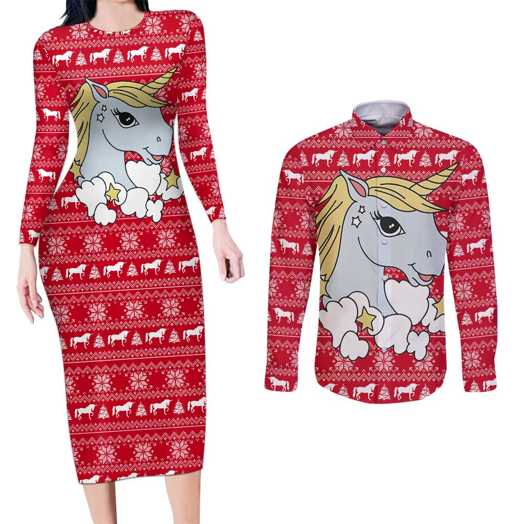 Lovely Unicorn Christmas Couples Matching Long Sleeve Bodycon Dress and Long Sleeve Button Shirt Xmas Holiday Patterns - Wonder Print Shop