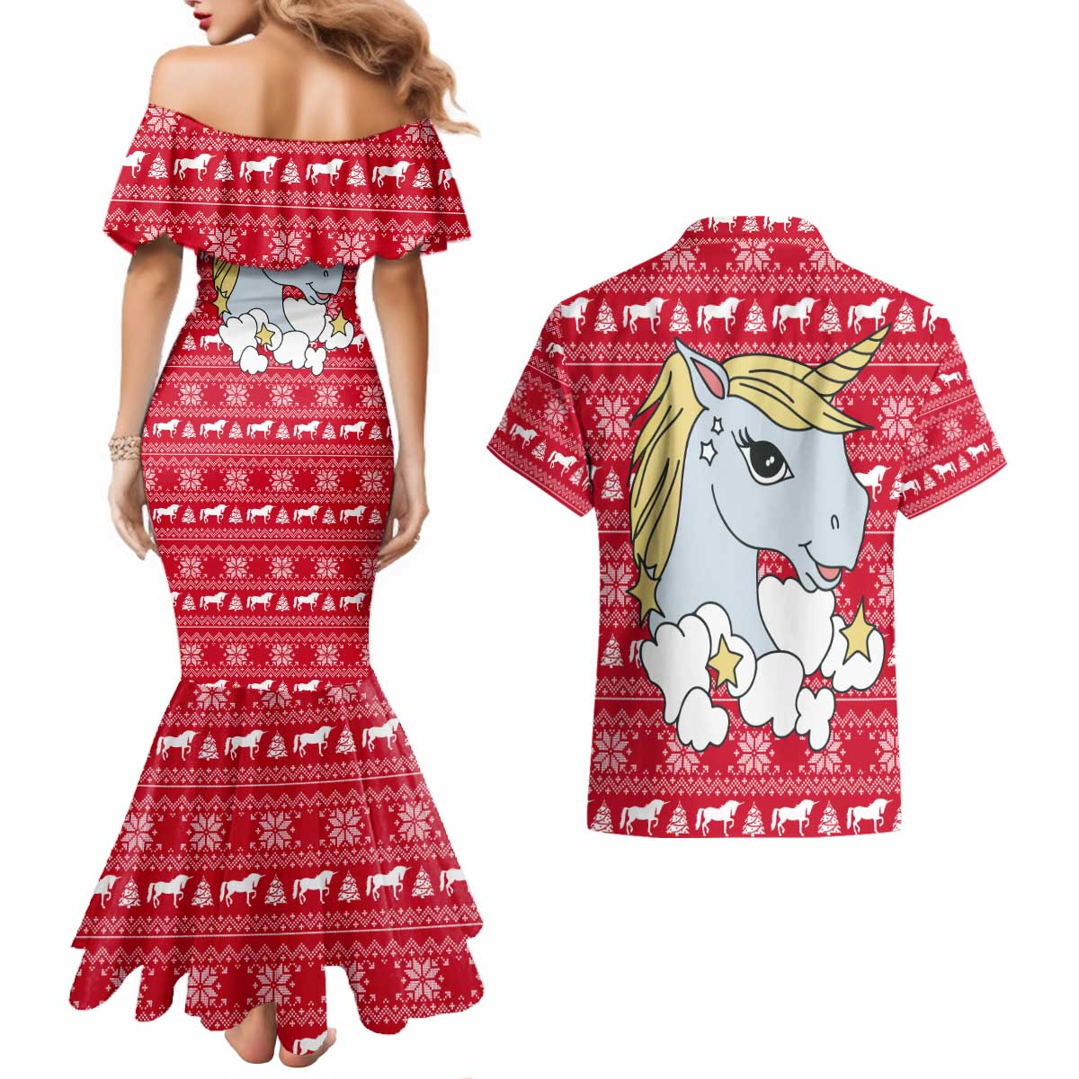 Lovely Unicorn Christmas Couples Matching Mermaid Dress and Hawaiian Shirt Xmas Holiday Patterns - Wonder Print Shop