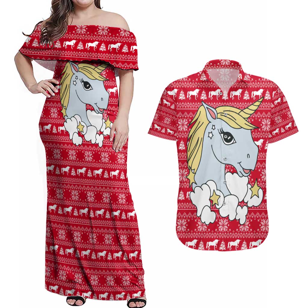 Lovely Unicorn Christmas Couples Matching Off Shoulder Maxi Dress and Hawaiian Shirt Xmas Holiday Patterns - Wonder Print Shop