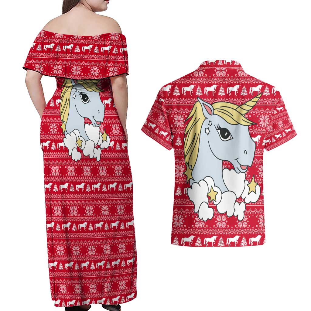 Lovely Unicorn Christmas Couples Matching Off Shoulder Maxi Dress and Hawaiian Shirt Xmas Holiday Patterns - Wonder Print Shop