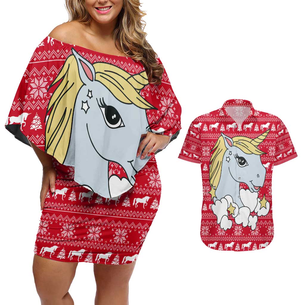 Lovely Unicorn Christmas Couples Matching Off Shoulder Short Dress and Hawaiian Shirt Xmas Holiday Patterns - Wonder Print Shop