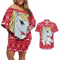 Lovely Unicorn Christmas Couples Matching Off Shoulder Short Dress and Hawaiian Shirt Xmas Holiday Patterns - Wonder Print Shop