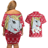 Lovely Unicorn Christmas Couples Matching Off Shoulder Short Dress and Hawaiian Shirt Xmas Holiday Patterns - Wonder Print Shop
