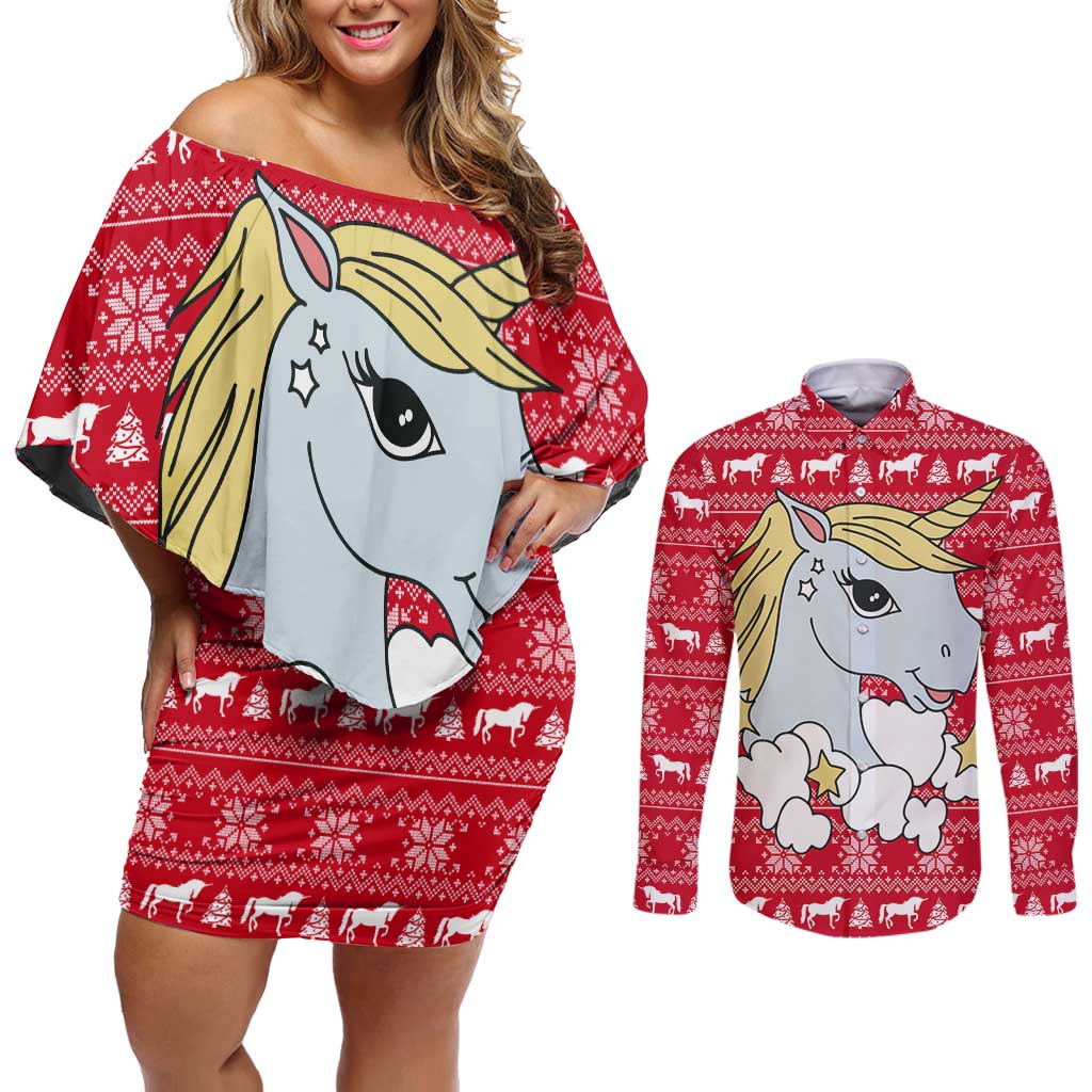 Lovely Unicorn Christmas Couples Matching Off Shoulder Short Dress and Long Sleeve Button Shirt Xmas Holiday Patterns - Wonder Print Shop