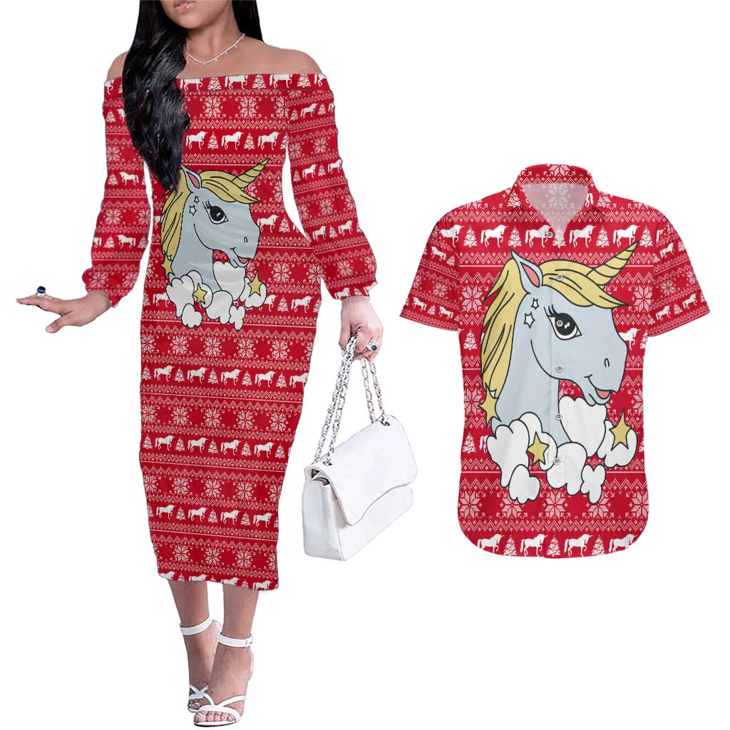 Lovely Unicorn Christmas Couples Matching Off The Shoulder Long Sleeve Dress and Hawaiian Shirt Xmas Holiday Patterns - Wonder Print Shop