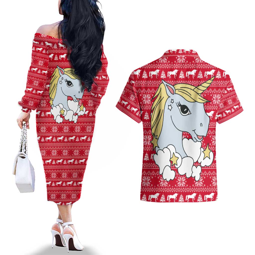 Lovely Unicorn Christmas Couples Matching Off The Shoulder Long Sleeve Dress and Hawaiian Shirt Xmas Holiday Patterns - Wonder Print Shop