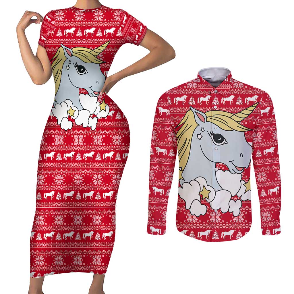 Lovely Unicorn Christmas Couples Matching Short Sleeve Bodycon Dress and Long Sleeve Button Shirt Xmas Holiday Patterns - Wonder Print Shop