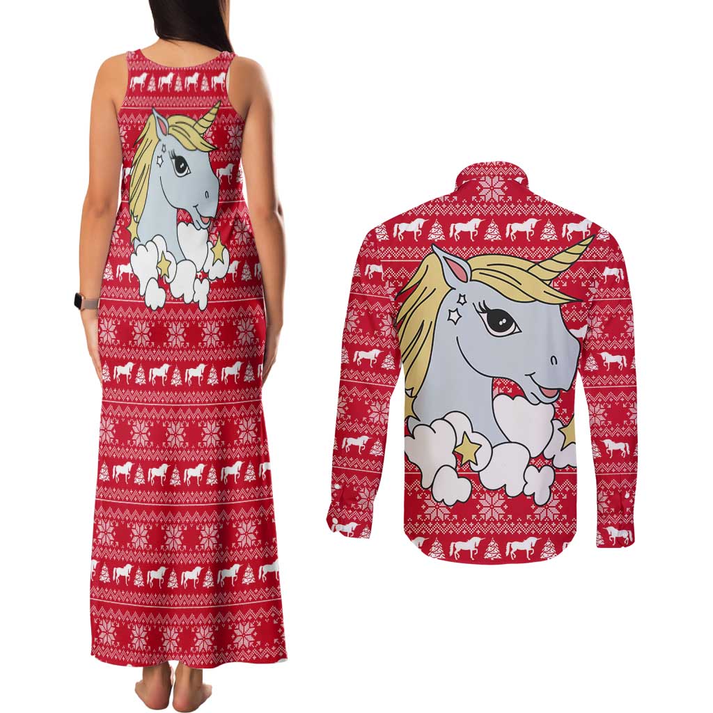 Lovely Unicorn Christmas Couples Matching Tank Maxi Dress and Long Sleeve Button Shirt Xmas Holiday Patterns - Wonder Print Shop