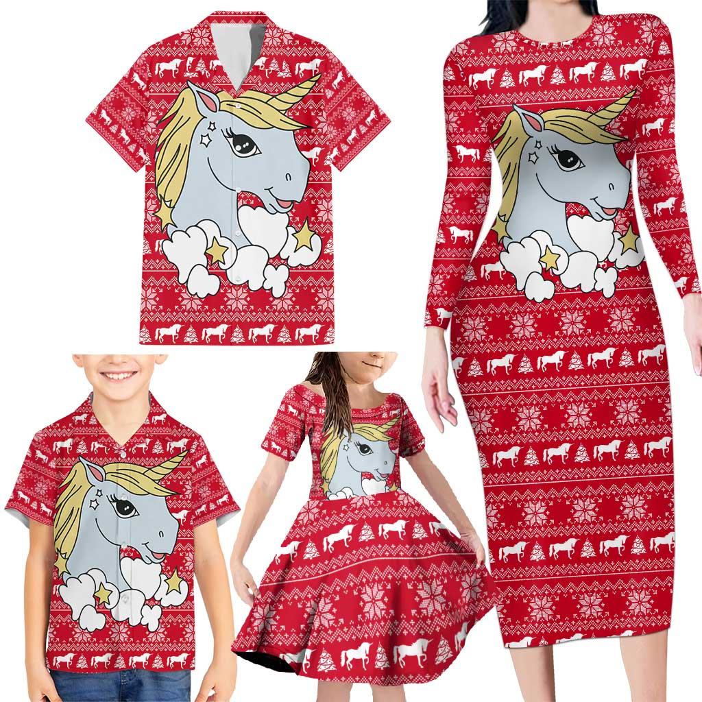 Lovely Unicorn Christmas Family Matching Long Sleeve Bodycon Dress and Hawaiian Shirt Xmas Holiday Patterns - Wonder Print Shop
