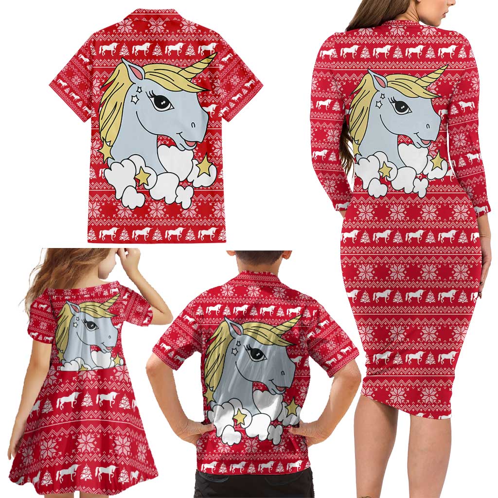 Lovely Unicorn Christmas Family Matching Long Sleeve Bodycon Dress and Hawaiian Shirt Xmas Holiday Patterns - Wonder Print Shop