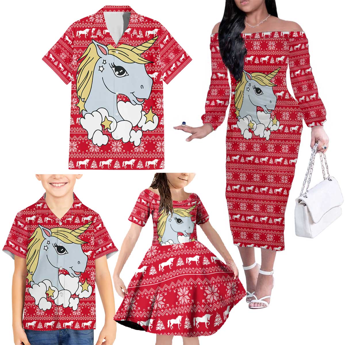 Lovely Unicorn Christmas Family Matching Off The Shoulder Long Sleeve Dress and Hawaiian Shirt Xmas Holiday Patterns - Wonder Print Shop