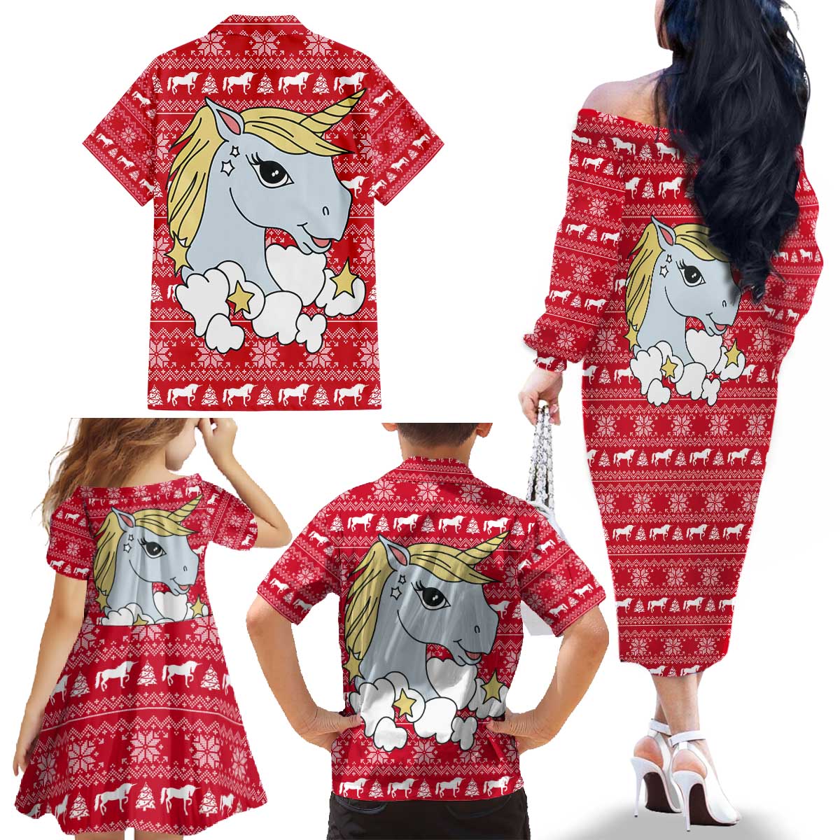 Lovely Unicorn Christmas Family Matching Off The Shoulder Long Sleeve Dress and Hawaiian Shirt Xmas Holiday Patterns - Wonder Print Shop