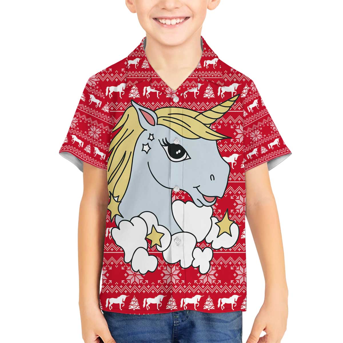Lovely Unicorn Christmas Family Matching Off The Shoulder Long Sleeve Dress and Hawaiian Shirt Xmas Holiday Patterns - Wonder Print Shop