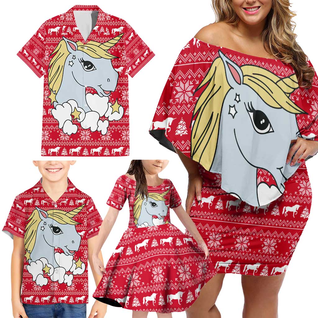 Lovely Unicorn Christmas Family Matching Off Shoulder Short Dress and Hawaiian Shirt Xmas Holiday Patterns - Wonder Print Shop