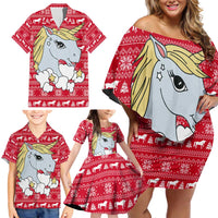 Lovely Unicorn Christmas Family Matching Off Shoulder Short Dress and Hawaiian Shirt Xmas Holiday Patterns - Wonder Print Shop