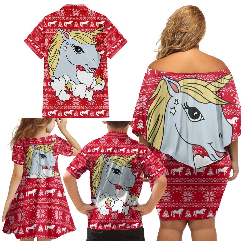 Lovely Unicorn Christmas Family Matching Off Shoulder Short Dress and Hawaiian Shirt Xmas Holiday Patterns - Wonder Print Shop