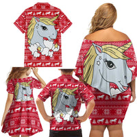 Lovely Unicorn Christmas Family Matching Off Shoulder Short Dress and Hawaiian Shirt Xmas Holiday Patterns - Wonder Print Shop