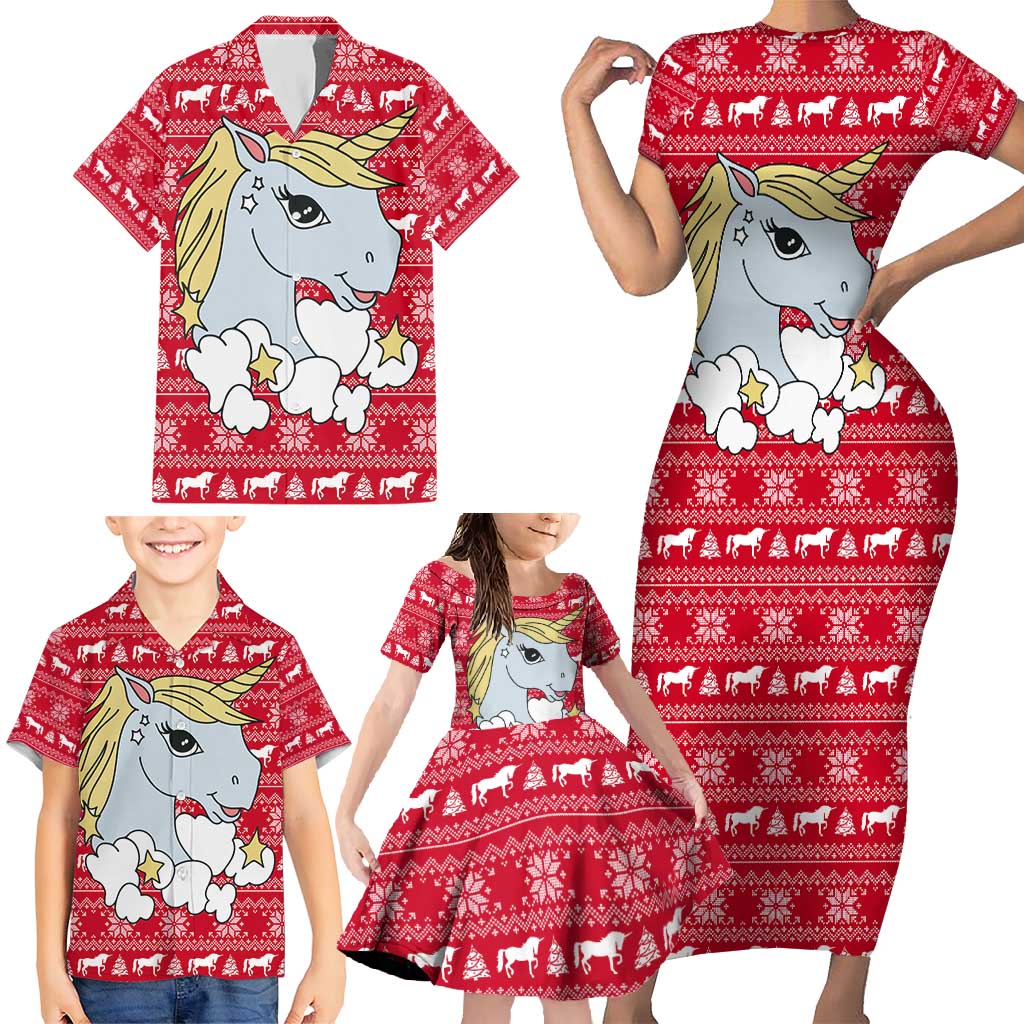 Lovely Unicorn Christmas Family Matching Short Sleeve Bodycon Dress and Hawaiian Shirt Xmas Holiday Patterns - Wonder Print Shop