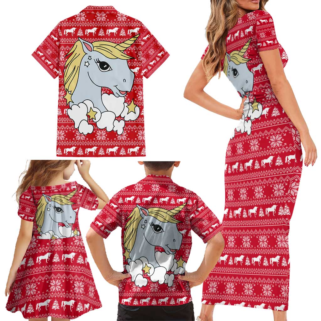 Lovely Unicorn Christmas Family Matching Short Sleeve Bodycon Dress and Hawaiian Shirt Xmas Holiday Patterns - Wonder Print Shop