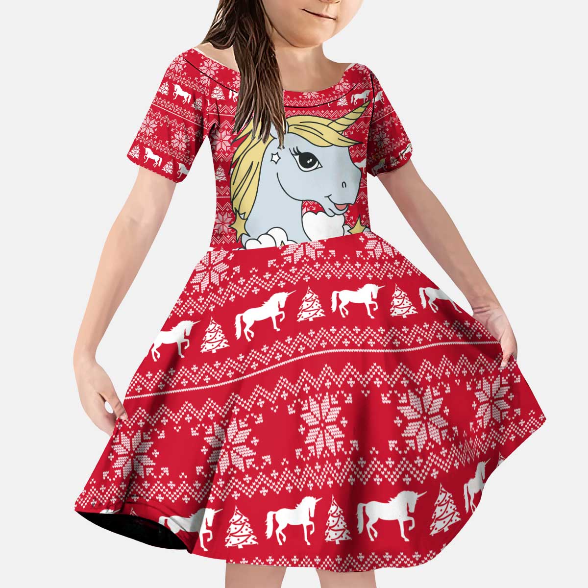Lovely Unicorn Christmas Kid Short Sleeve Dress Xmas Holiday Patterns - Wonder Print Shop