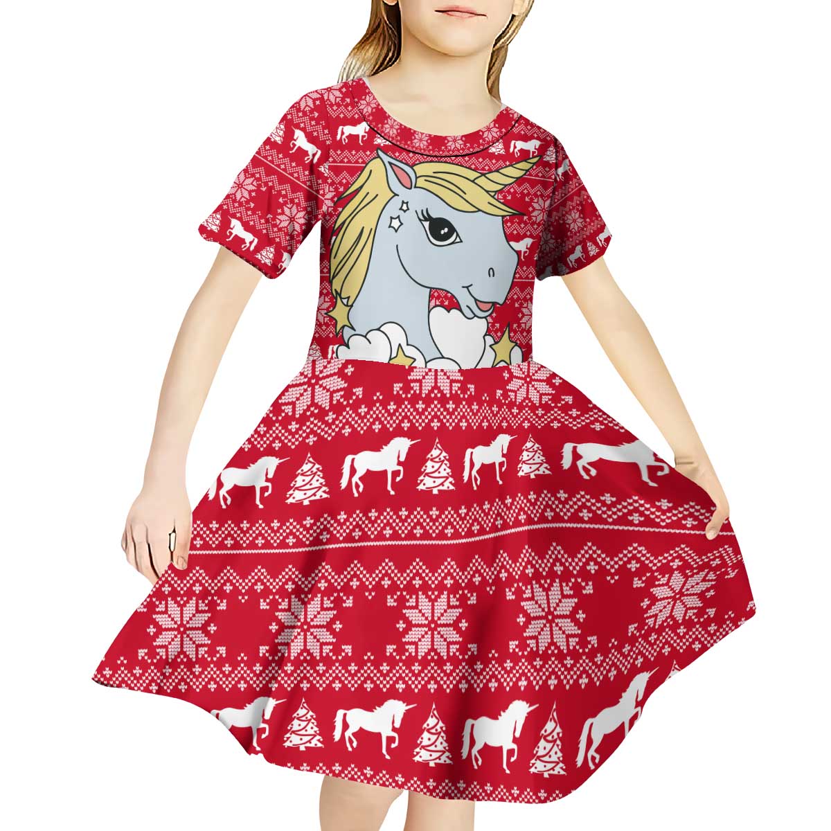 Lovely Unicorn Christmas Kid Short Sleeve Dress Xmas Holiday Patterns - Wonder Print Shop