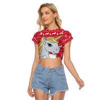 Lovely Unicorn Christmas Raglan Cropped T Shirt Xmas Holiday Patterns - Wonder Print Shop