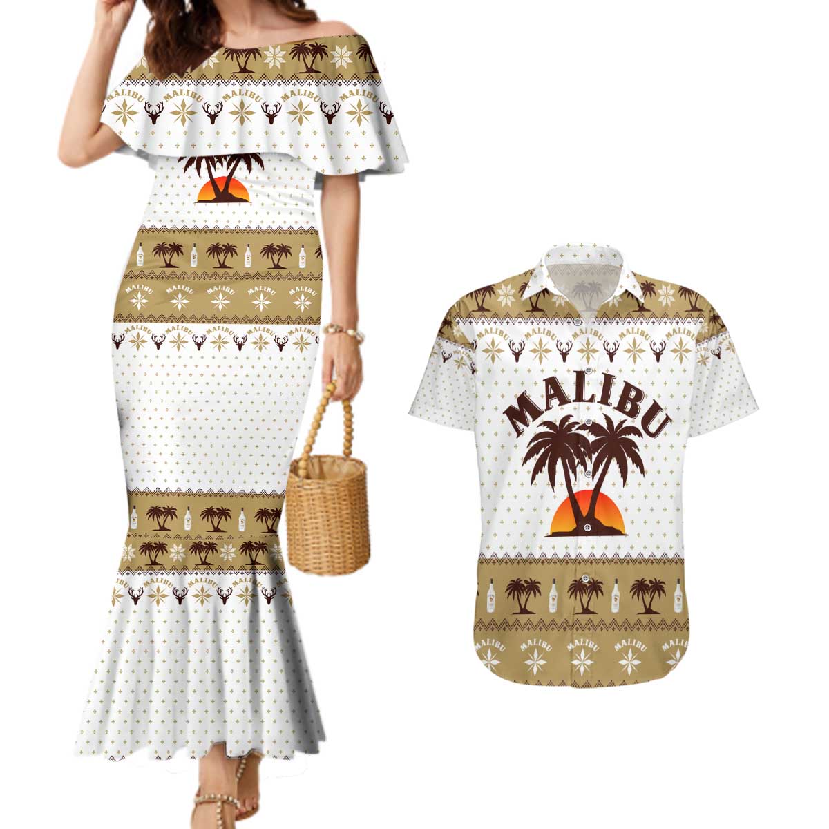 Malibu Christmas Couples Matching Mermaid Dress and Hawaiian Shirt Xmas Holiday Patterns - Wonder Print Shop