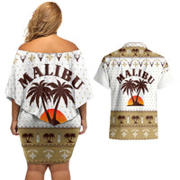 Malibu Christmas Couples Matching Off Shoulder Short Dress and Hawaiian Shirt Xmas Holiday Patterns - Wonder Print Shop