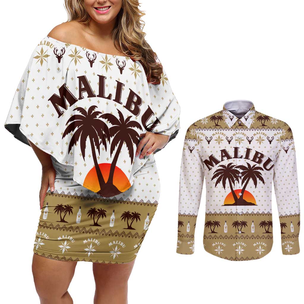 Malibu Christmas Couples Matching Off Shoulder Short Dress and Long Sleeve Button Shirt Xmas Holiday Patterns - Wonder Print Shop