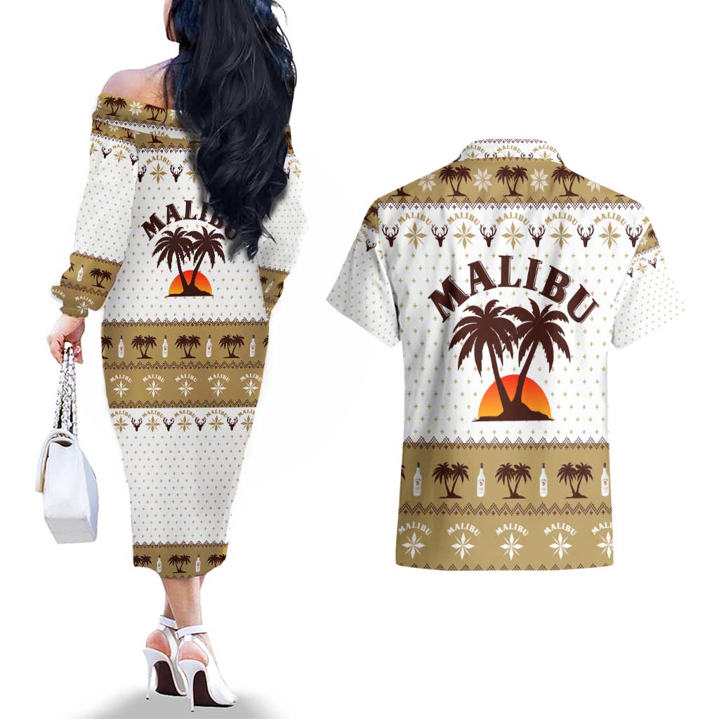 Malibu Christmas Couples Matching Off The Shoulder Long Sleeve Dress and Hawaiian Shirt Xmas Holiday Patterns - Wonder Print Shop